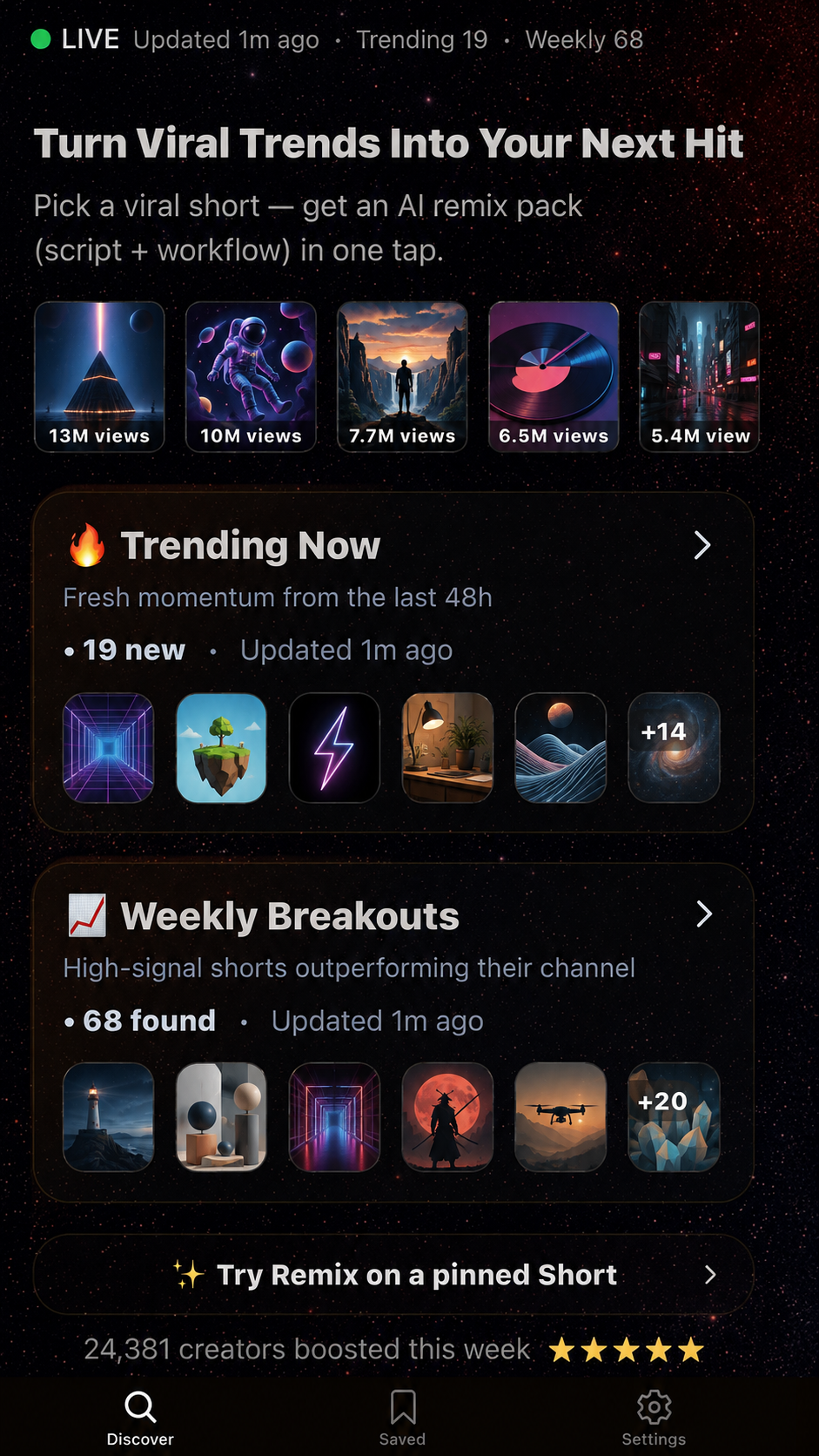 TrendMeld Discover screen showing Trending Now and Weekly Breakouts